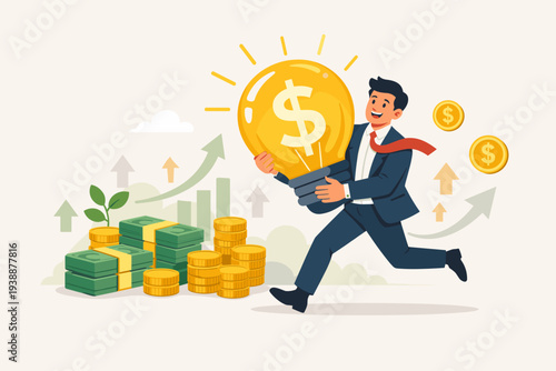 Businessman running with a large glowing lightbulb with a dollar sign inside, representing a profitable business idea, financial growth, investment success, innovation, and creative earning strategy