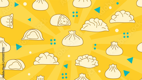 Dynamic seamless pattern of assorted white dumplings like gyoza and baozi on a bright yellow background with radial ray effects.