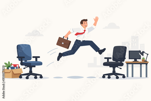 Cheerful Businessman Jumping from One Office Chair to Another Representing Job Hopping, Career Change, and Moving to a New Better Position or Promotion, Professional Growth and Success Concept