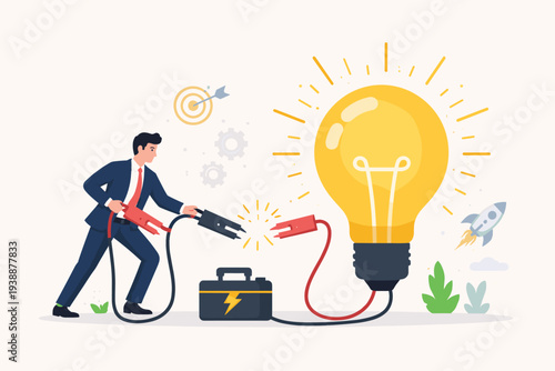 Businessman using jumper cables to jump start a giant glowing light bulb from a battery, symbolizing a new business idea, creative problem solving, innovation, startup energy, and inspiration.