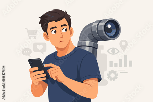 Man Using Smartphone with Periscope Camera Spying Over Shoulder Representing Mobile Privacy Concerns Data Tracking Surveillance Spyware and Digital Security Risks in Modern Technology Concept