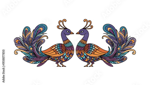 Pair of intricately decorated peacocks with vibrant feathers in purple, orange, and blue facing each other in a symmetrical design.