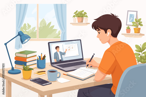 Young Student Boy Studying Online at Home with Laptop and Notebook, E-learning Education Concept with Male Teacher on Screen, Remote Learning, Distance Classroom, Homeschooling Vector Illustration