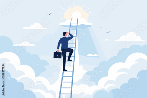 Businessman climbing a long ladder towards the sun through clouds, symbolizing career growth, success, vision to lead business, achieving goals, ambition, and professional opportunity concept.