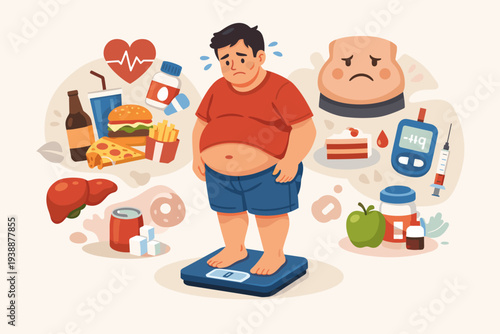 Sad overweight man standing on a scale surrounded by unhealthy junk food, sugary drinks, and medical icons for diabetes, heart disease, and liver health, illustrating the risks of obesity.