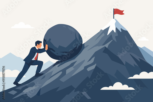 Determined Businessman Pushing Heavy Stone Sphere Up Steep Mountain Slope Toward Red Flag at Peak, Concept of Perseverance, Grit, Persistence, Resilience, and Hard Work to Achieve Success.