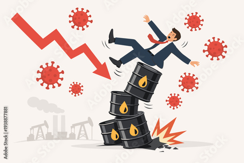 Oil and Energy Price Crash Concept with Businessman Falling from Unstable Stack of Oil Barrels During Coronavirus COVID-19 Pandemic Crisis, Global Economic Recession and Market Uncertainty