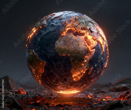 A 3D sphere of planet earth burning in space fire against a black night background with glowing stars to represent global warming and the environmental science of our warming world