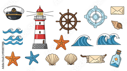 Extensive nautical collection featuring a red and white lighthouse, ship wheel, captain hat, waves, seashells, and messages in bottles.