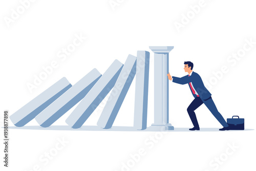 Businessman in a suit pushing against a marble column to stop a chain reaction of falling domino blocks, representing proactive risk management, crisis prevention, and business stability strategy.