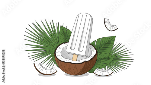 White coconut milk popsicle resting inside a cracked coconut shell surrounded by green palm leaves on a white background.