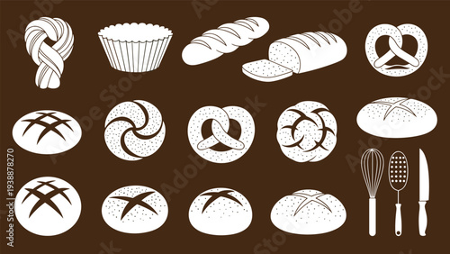White silhouettes of diverse bread types rolls and baking utensils like a whisk and knife on a solid chocolate brown background.
