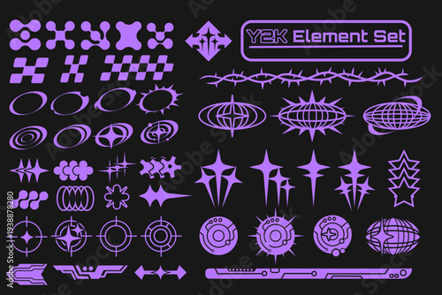 vector set of abstract shapes, stars and cross Y2K style element set for apparel and design