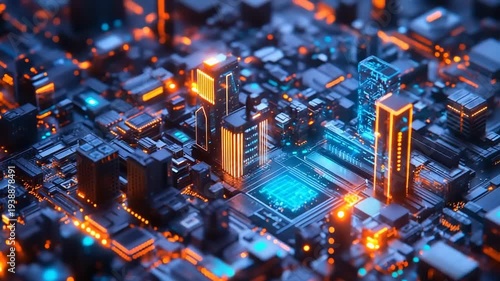 Futuristic digital city circuit board abstract technology background.