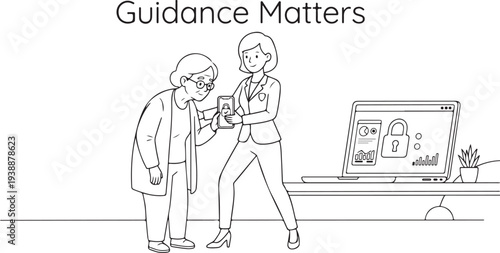 Security professional guiding an elderly woman on digital safety and smartphone protection, senior citizen learning cyber security and online privacy, guidance matters concept.