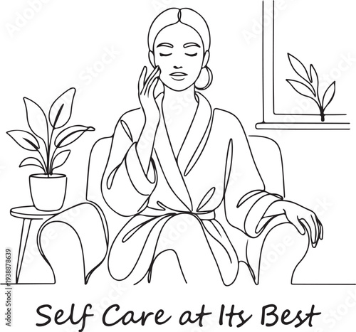 Minimalist line art illustration of a woman in a robe applying a face mask for self-care, skincare beauty routine and relaxation at home.