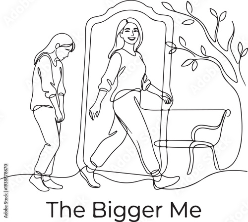 Continuous Line Art Illustration of a Woman's Personal Growth and Transformation, Representing Self-Improvement, Confidence, and Mental Health Wellness - The Bigger Me Concep