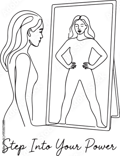 Step Into Your Power Minimalist Line Art of Woman Looking in Mirror Seeing Confident Reflection, Concept of Self-Confidence, Empowerment and Personal Growth.