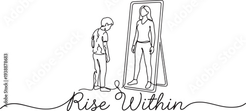  Continuous line drawing of a boy looking in a mirror seeing a confident woman reflection with Rise Within text, symbol of self-discovery, empowerment, and inner strength.