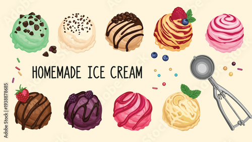 Colorful scoops of homemade ice cream with different flavors and toppings arranged around a metal ice cream scoop.