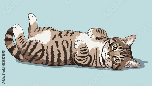 Detailed illustration of a brown and tan tabby cat lying on its back with its paws up against a light blue background.