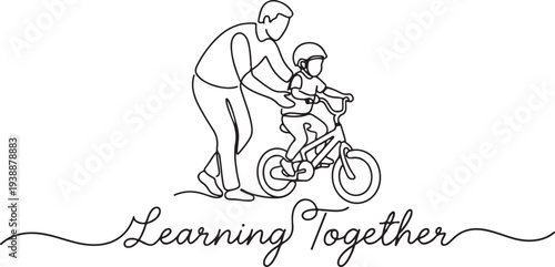 Continuous line drawing of a father teaching his child to ride a bicycle with Learning Together text. Minimalist parenting illustration of family support