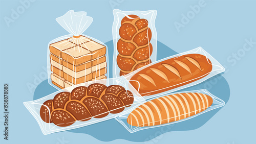Assorted types of freshly baked bread loaves and rolls individually wrapped in clear plastic bags on a blue background.