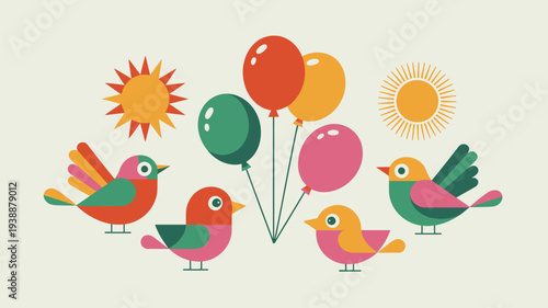 Cute birds colorful balloons sun