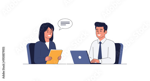 Professional business job interview between a man and woman at a desk with a laptop and a speech bubble for effective communication.
