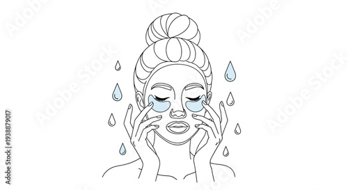 Line art illustration of a young woman applying moisturizing eye patches as part of her daily skincare and beauty routine for healthy skin.