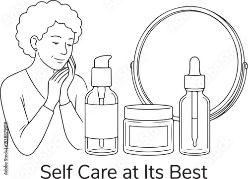Minimalist Line Art Illustration of a Woman with Curly Hair Practicing Her Self Care Beauty Routine Using Skincare Products like Serum, Face Cream, and Lotion with a Mirror.