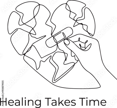 One Line Art Illustration of a Broken Heart Repaired with an Adhesive Bandage, Concept of Mental Health, Emotional Healing and Recovery, Healing Takes Time.