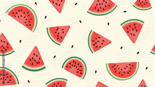 Cheerful seamless pattern of red watermelon slices and black seeds on a light beige striped background.