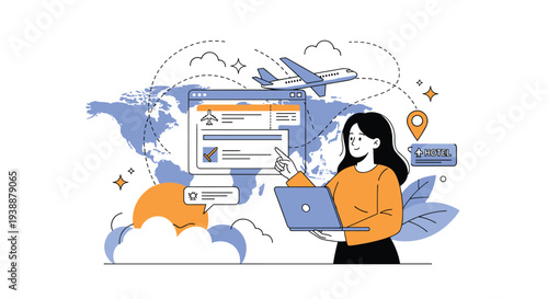 Young woman using a laptop and a travel website to book flight tickets and hotel accommodations on a decorative world map background.