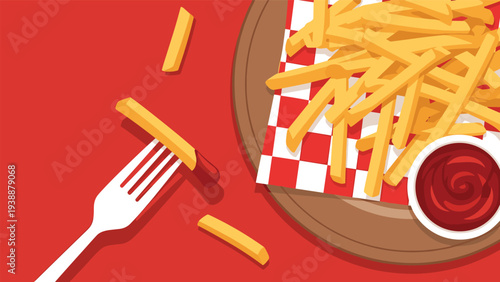 High angle view of golden french fries on a red checkered paper served with a side of ketchup and a white plastic fork.