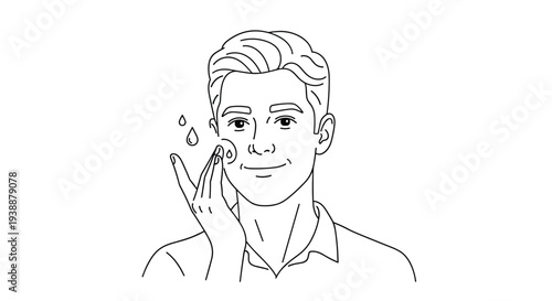 Minimal line art drawing of a man applying facial cream or moisturizer as part of a modern masculine grooming and skincare regimen.