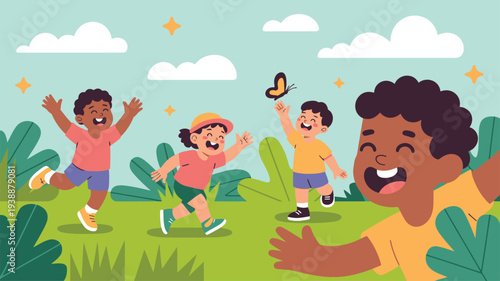 Diverse children chasing butterfly outdoors