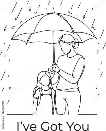 Foto Continuous Line Art Illustration of Mother Protecting Daughter with Umbrella in Rain with Text I've Got You