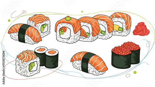 Collection of different sushi types including salmon nigiri, maki rolls, and uramaki presented in a colorful hand-drawn style.
