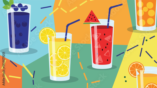 Vibrant background pattern featuring glasses of colorful fruit juices garnished with lemon, watermelon, and blueberries.