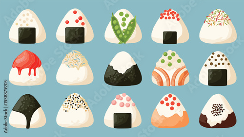 Detailed set of fifteen different onigiri rice ball varieties with various toppings and fillings on a blue background.