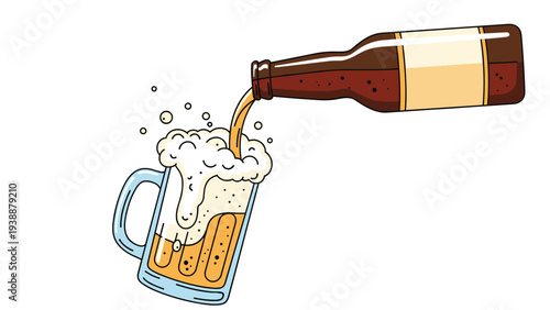 Dynamic vector illustration of dark beer pouring from a brown glass bottle into a clear mug with thick white foam.