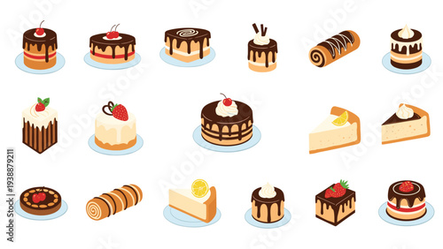 Extensive selection of eighteen miniature cakes, tarts, and dessert slices featuring chocolate, berries, and cream.