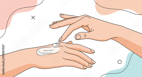 Close up line art illustration of hands applying moisturizing lotion or skin cream to provide long lasting hydration and soft texture.