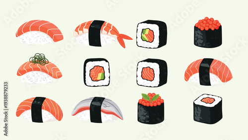 Assortment of twelve popular sushi varieties including salmon nigiri, tuna rolls, and roe gunkan maki.