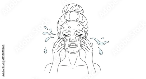 Drawing of a woman wearing a face mask with water splashes and droplets to illustrate a refreshing and hydrating facial skincare treatment.