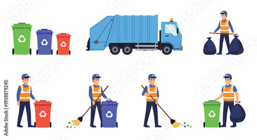 Set of sanitation workers in orange vests performing different waste management tasks with colorful bins and a collection truck.