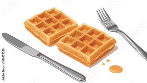 Pair of golden brown square waffles served with a silver knife and fork and small drops of syrup.