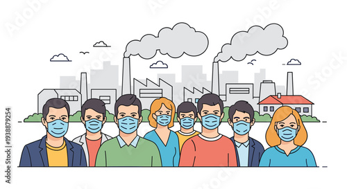 Large group of diverse people wearing protective medical masks in front of a polluting industrial factory with thick grey smoke.