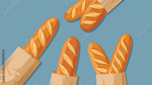 Overhead view of five fresh crusty baguettes partially wrapped in brown paper bags on a muted blue background.